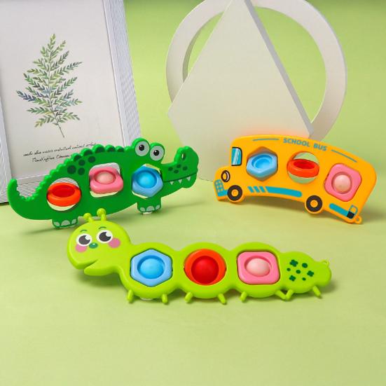 3 шт. Игрушка-пузырь для снятия стресса, Развитие мелкой моторики у малышей, Мультяшная гусеница, Крокодил, Школьный автобус, Переворачивающийся пузырь, Сенсорная игрушка-непоседа, для путешествий