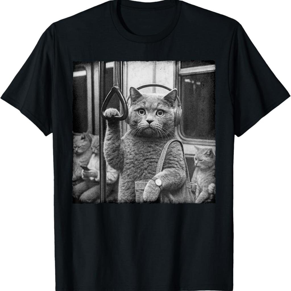 Cat Wearing Headphone On Subway Funny Cat Meme Humor T-Shirt