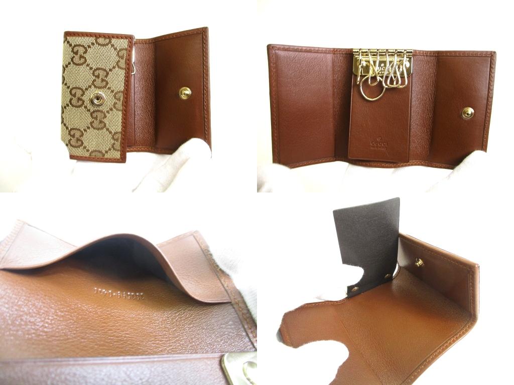 Authentic GUCCI GG Beige Canvas Brown Leather 6 Pics Key Chain #b078  Open box