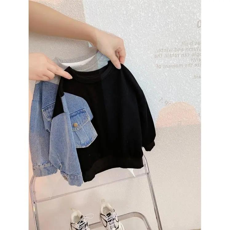 Джинсовая толстовка для мальчиков, свободный свитер с рукавами и вышивкой, детская повседневная одежда в уличном стиле на весну и осень