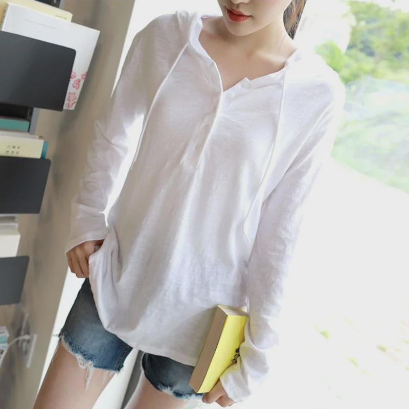 Women's Solid Color Hooded T-Shirt - Loose Fit Korean Style Long-Sleeve Hoodie, White Bottoming Layer for Early Autumn