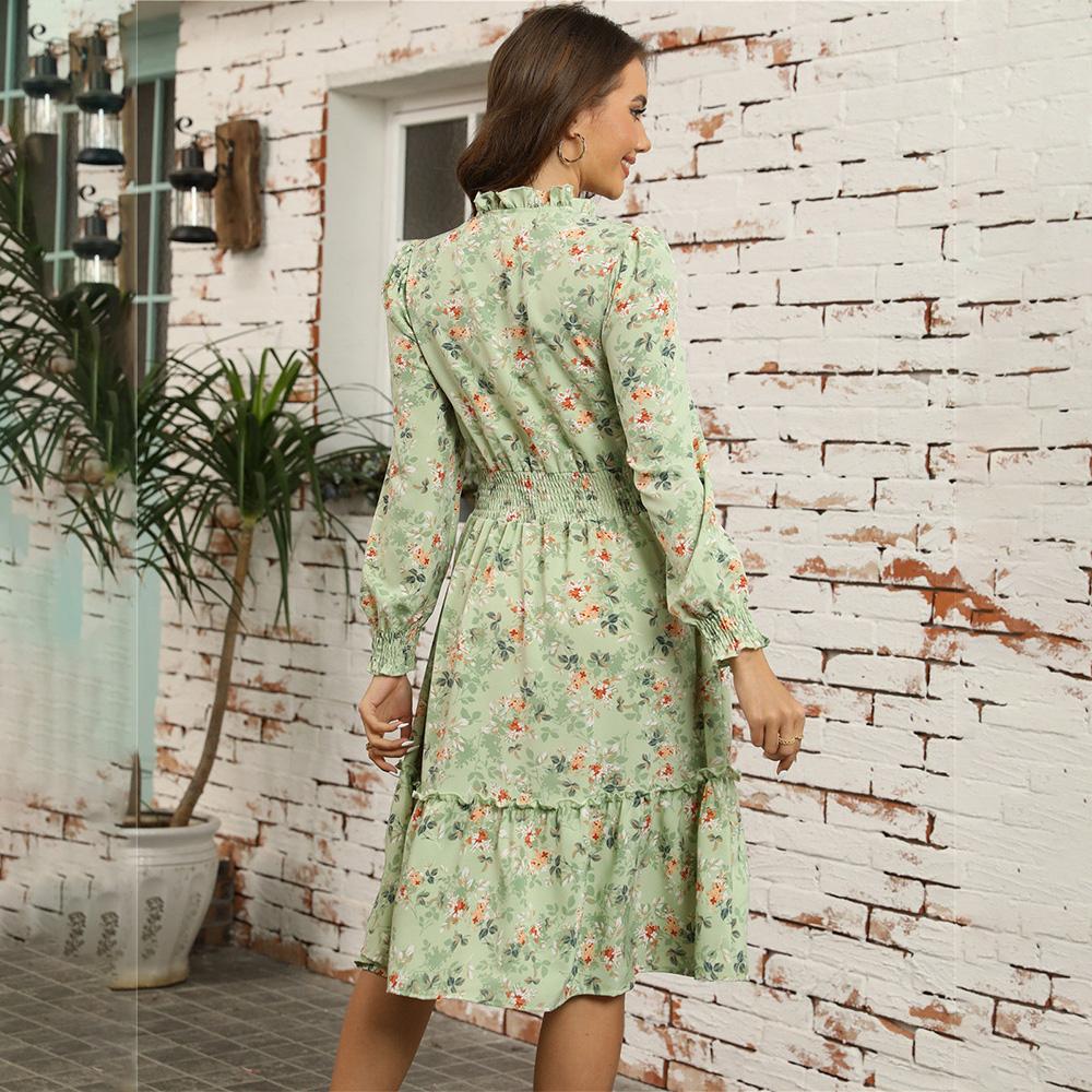 Осень-зима женское элегантное повседневное платье трапециевидной формы длиной до колена с высокой талией и длинным рукавом с принтом