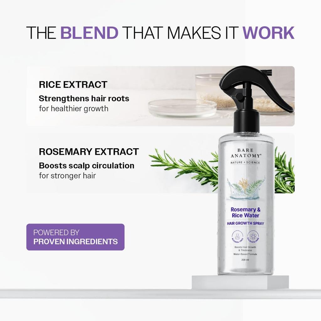 Bare Anatomy Nature X Science Водный спрей с розмарином для роста и густоты волос с рисовой водой|100% Натуральный экстрактНежирный и быстро впитывающийся|200 мл