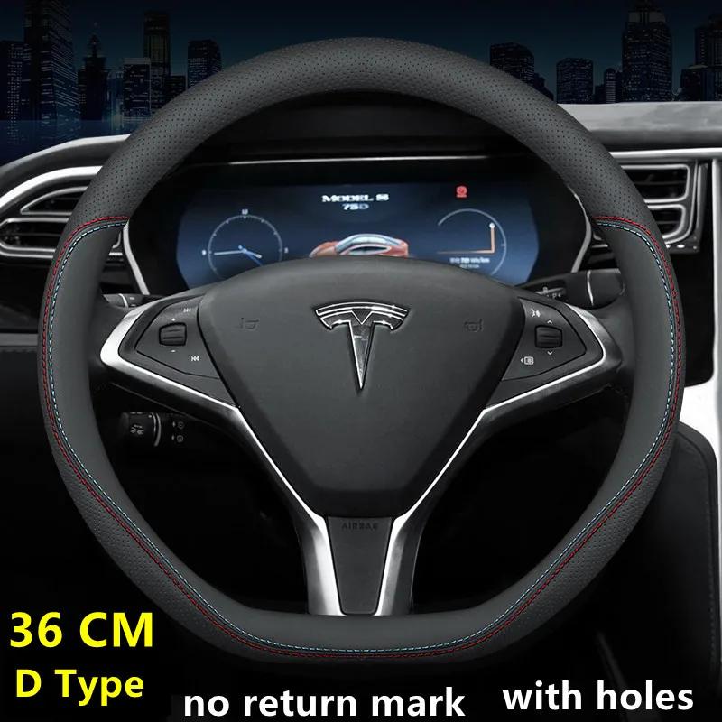 Кожаный чехол на руль автомобиля для Tesla Model 3 Y S X 2024 36-38 см Черный Автоаксессуары для интерьера