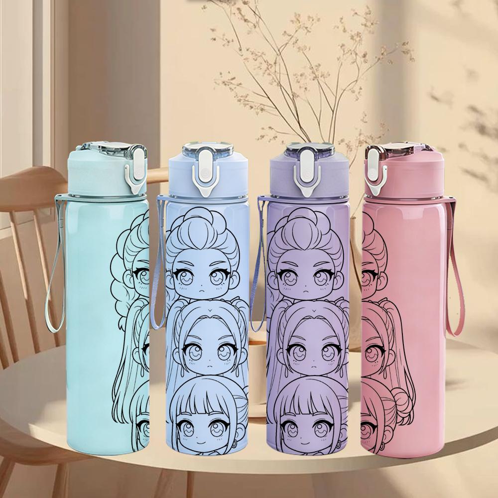 1PC Two Ladies Outline Sketch 750ml Color Plastic Sports Water Bottle Leakproof Flip Straw Lid Suitable for Sports Office Home Use