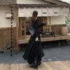 Plus Size Hepburn-Style V-Neck Ruffle Dress for Women - Elegant Autumn Slimming Black Dress