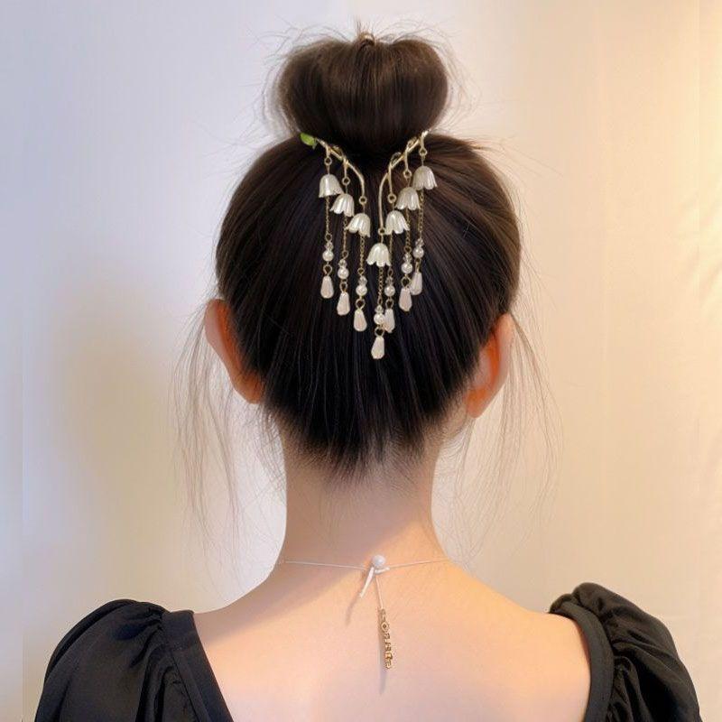 Vintage Lily of the Valley Tassel Hair Claw - Chinese Style Hair Clip for Bun & Half-Up Updo, Elegant Women's Hair Accessory