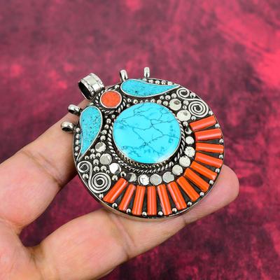 Кулон из бирюзы и коралла, Ювелирное изделие-кулон из стерлингового серебра 925 пробы с драгоценным камнем, Ювелирное изделие ручной работы, Кулон с камнем-талисманом, Подарок для него