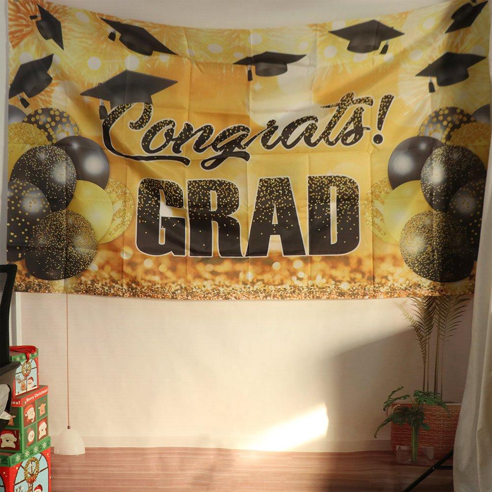 Congrats Grad Graduation Photography Backdrop Bachelor Hat Black Gold Glitter Happy Graduation Banner Celebrate Polyester