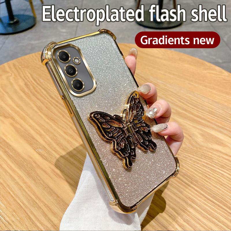 Противоударный чехол для телефона с покрытием и подставкой-бабочкой для Samsung Galaxy A06 A16 A05 A05S A15 A25 A35 A55 A54 A53 5G, блестящая мягкая накладка