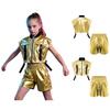 Kids Hip Hop Jazz Dance Costume Sleeveless Side Zip Metallic Vest with Detachable Side Button Shorts for Stage Show