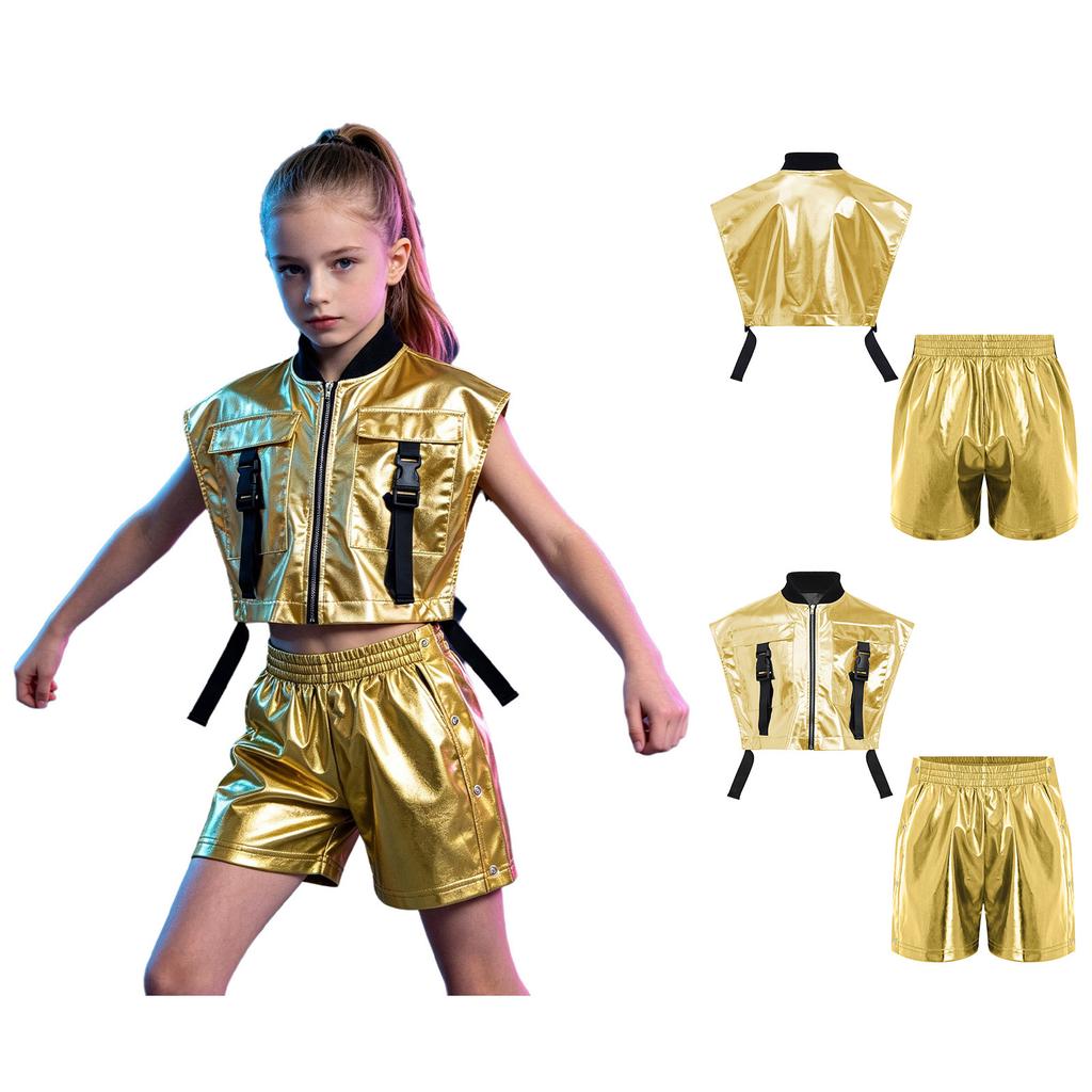 Girls Hip Hop Jazz Dance Vest Sleeveless Sides Open Zipper Metallic with Tear-away Side Press Button Shorts for Stage Performance Competition