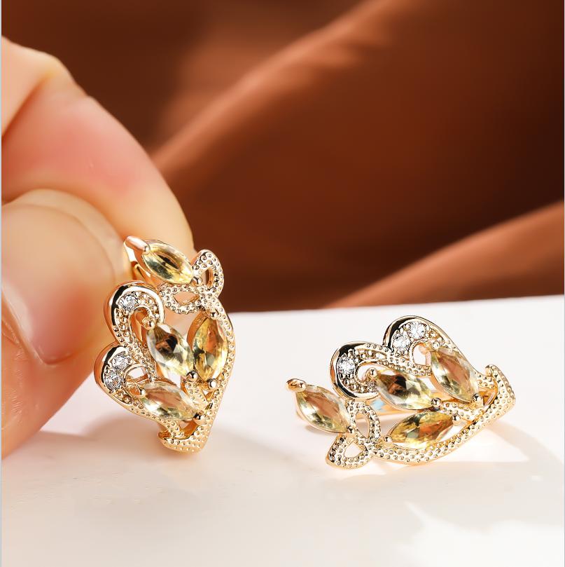 1 пара серег золотого цвета с радужным камнем и цветочным узором в виде листьев, красные, желтые, синие, зеленые, висячие полые серьги с камнями