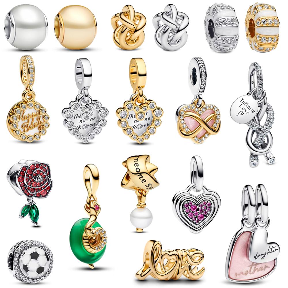 Precious Copper Sparkling Heart Double & Pavé Infinity Knot Dangle Charm Fits 3Mm Bracelet Diy Mother Birthday Gift