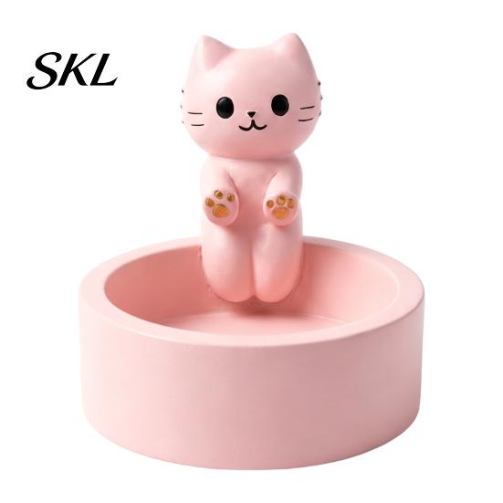Small Jewelry Storage Box Cute Cat Tray, with Deep Plate Slot, Pink Matte Finish Holder Resin Decorative Ornament, for Dressing Table And Keys