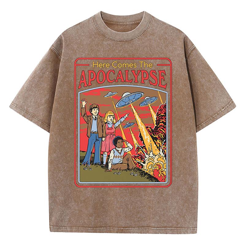 Here Comes The Apocalypse Ufo Washed Retro Мужская одежда Oversize Quality Streetwear Fashion Cotton Tops T Shirt