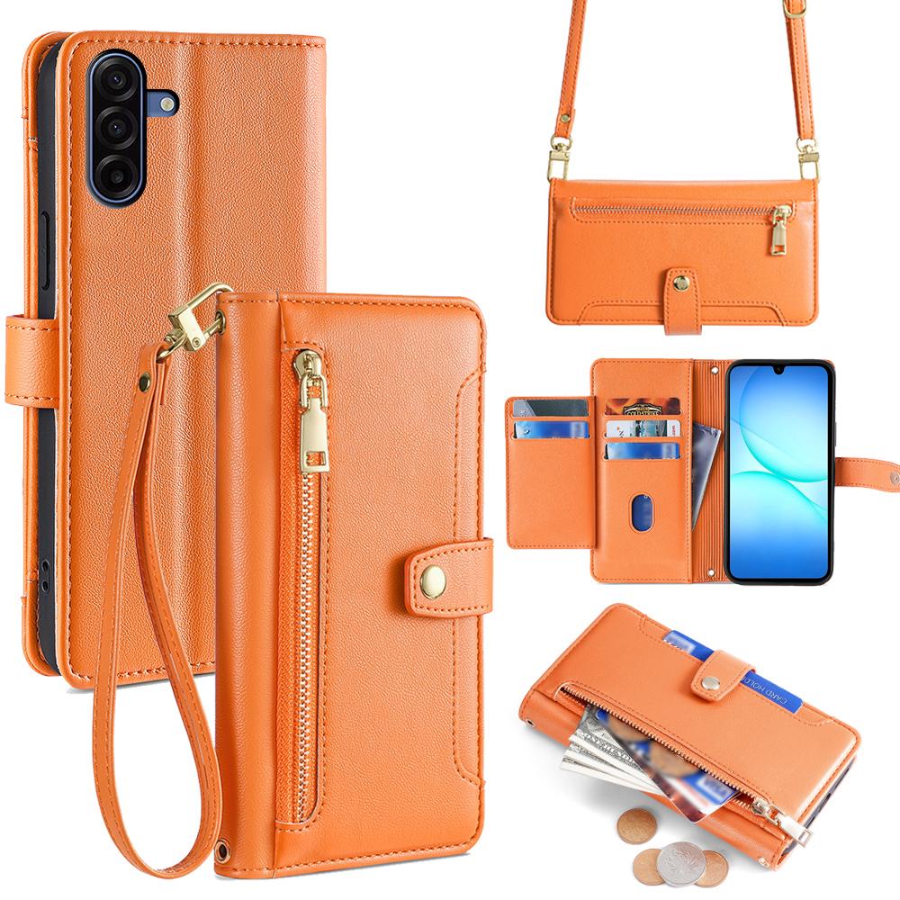 For Samsung Galaxy A17 5G Leather Case Zipper Pocket Wallet Phone Cover with 2 Straps