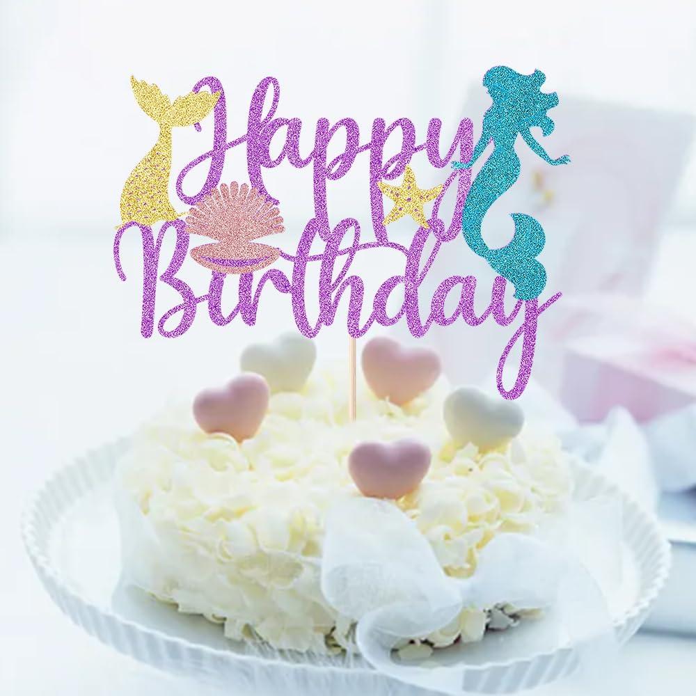 Mermaid Happy Birthday Cake Topper - Glitter Mermaid Under The Sea Theme Cake Topper, Baby Shower Gender Reveal Party, Boys and Girls Birthday Party