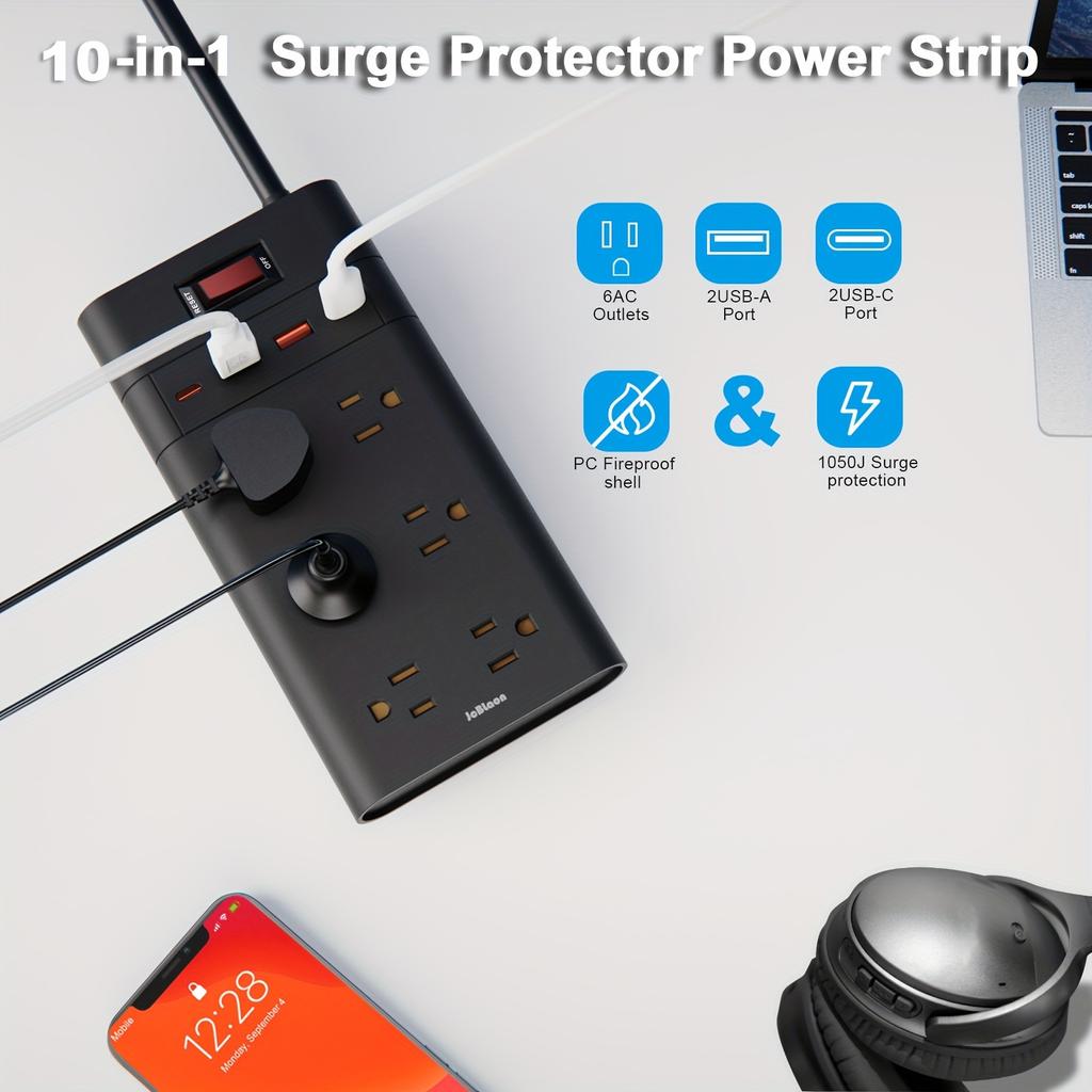 Сетевой фильтр с защитой от перенапряжения, 6 розеток переменного тока, 4 USB-порта, вилка США(2 USB-C), Удлинительный кабель 5 футов, сетевой фильтр для настенной розетки