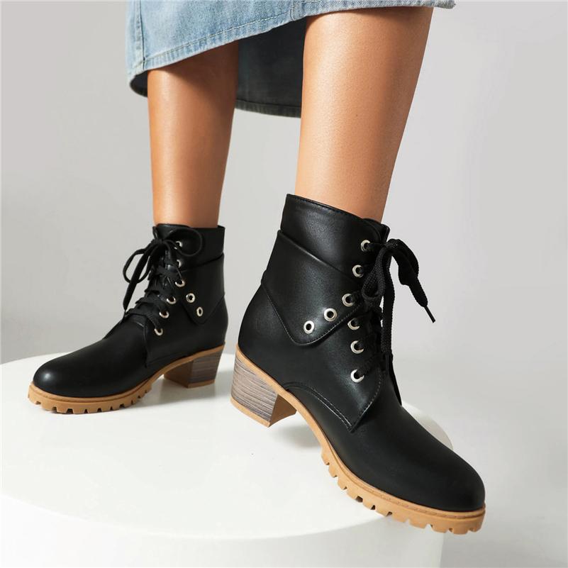 FOREADA Women Ankle Short Boots Round Toe Thick Mid Heels Lace-up Combat Boots Ladies Fashion Shoes Winter Black Blue Camel 43