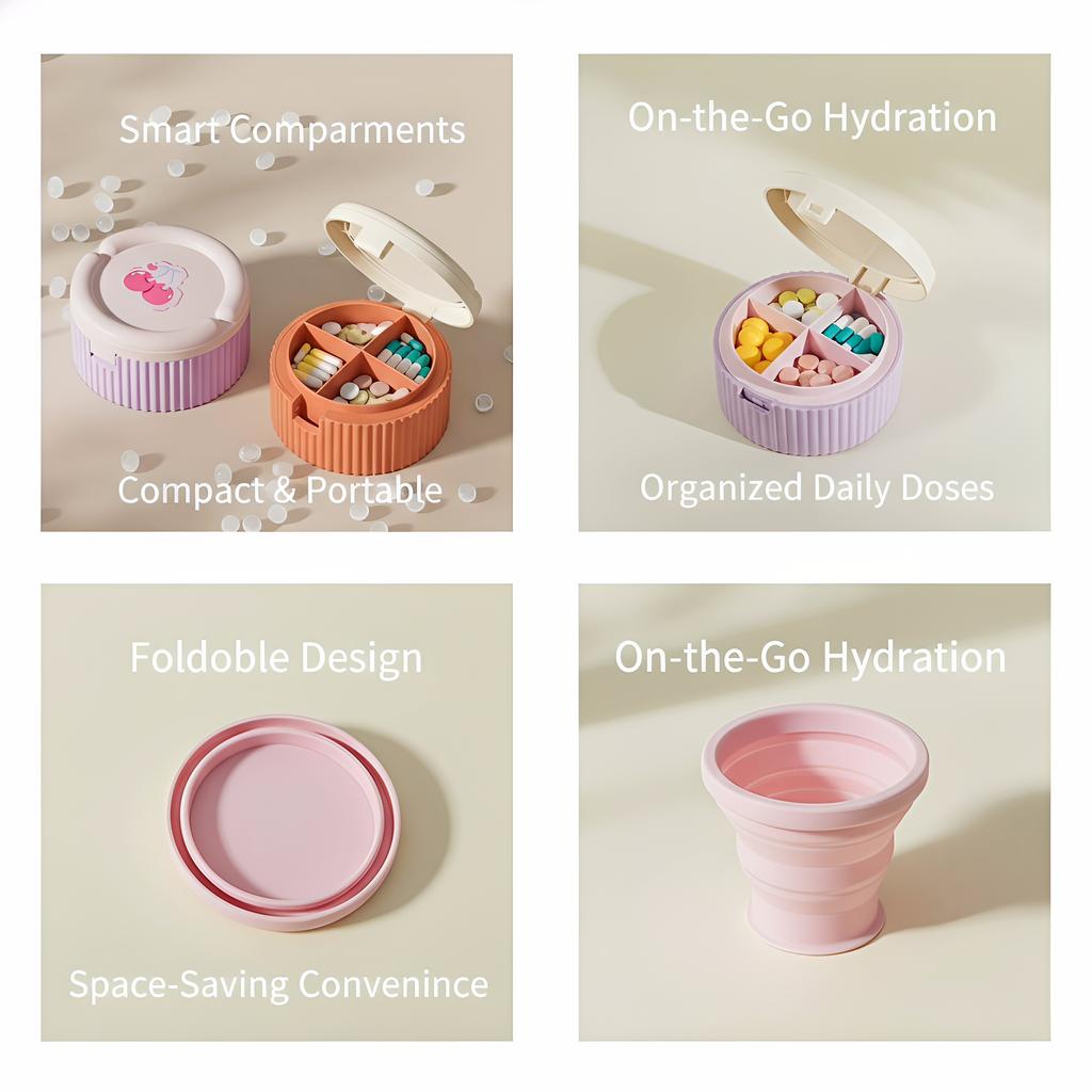 2in1 Creative 4 Grid Medicine Case With Small Water Cup Space-Saving & Washable Daily Pill Case Small Piller for Pocket Purse