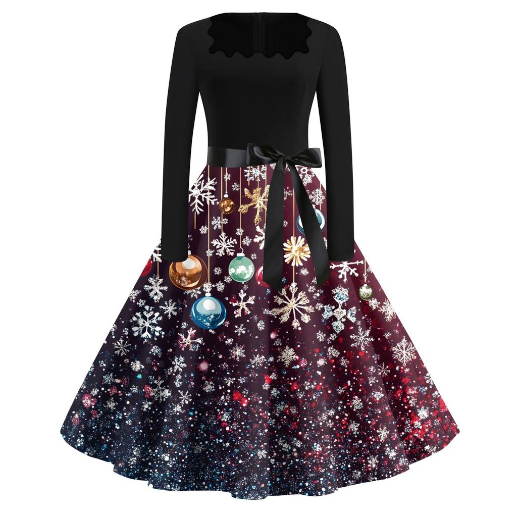 Women's Fashion Casual Square Neck Slim Christmas Printed Long Sleeve Dresses