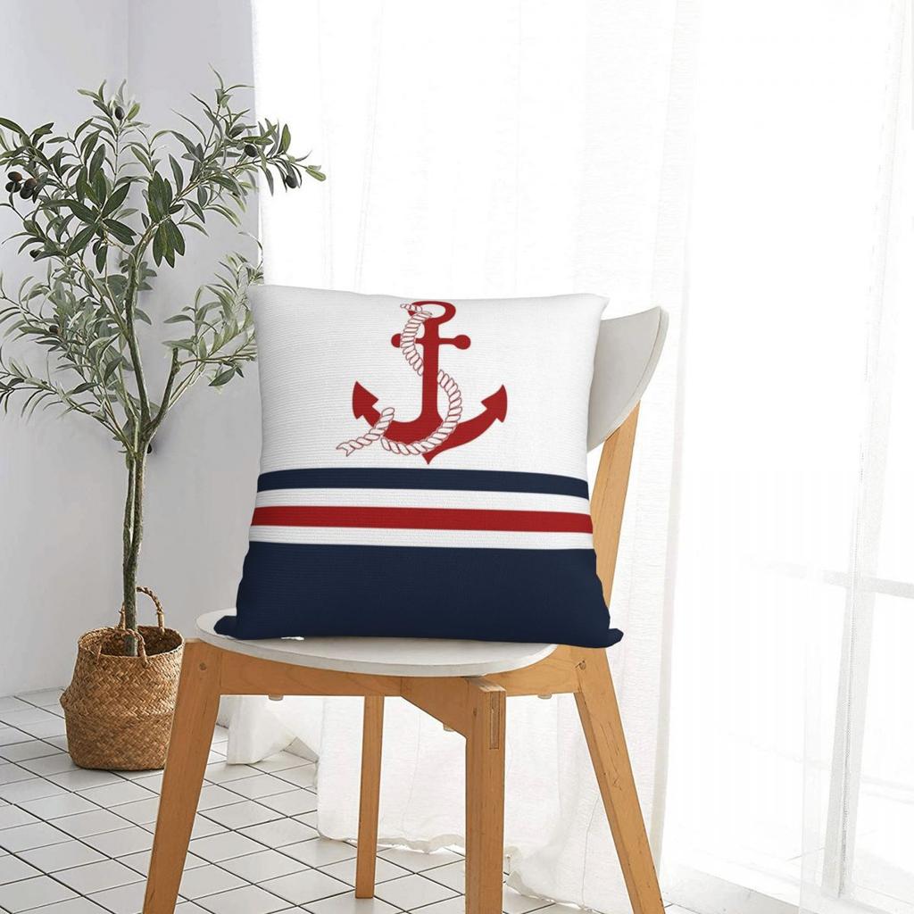 Navy Blue And White Stripes With A Red Anchor Pillow Cases Blue Nautical Anchor Cushion Covers Decor Pillowcase For Home 18"X18"