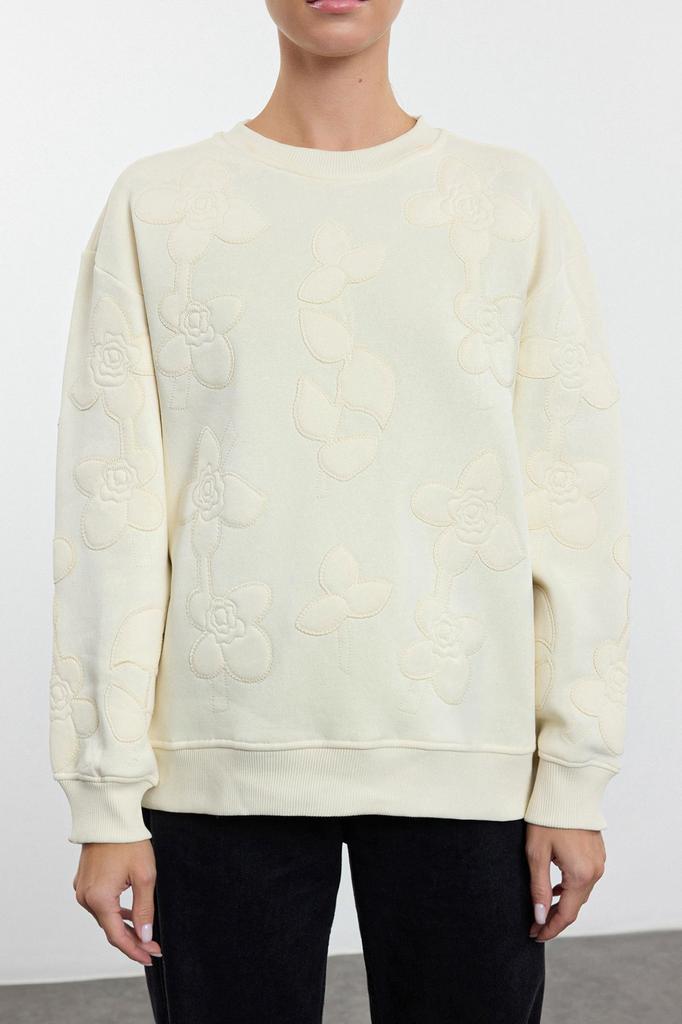 Women's Fashionable Stylish Sweatshirt Ecru Embroidered Regular Normal Pattern Knitted Sweatshirt