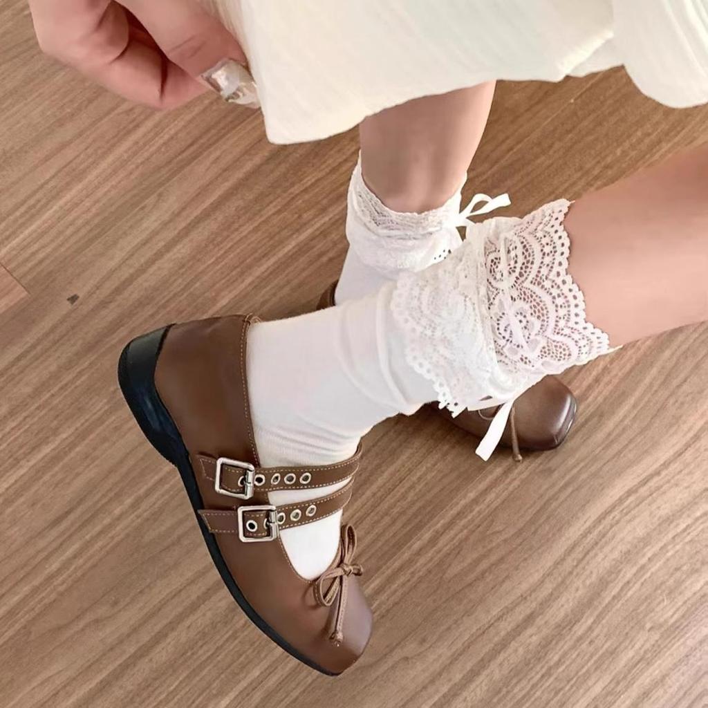 Lolita Lace Frill Mid-Calf Socks with Bow Ribbon - White Ballet Style JK Knee-Highs for Spring & Autumn