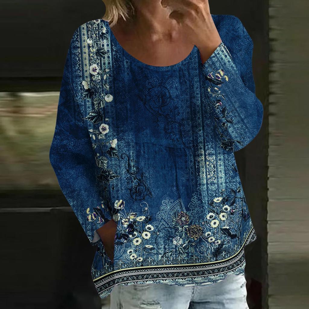 Women's Casual Fashion Loose Round Neck Retro Print Long Sleeve Top