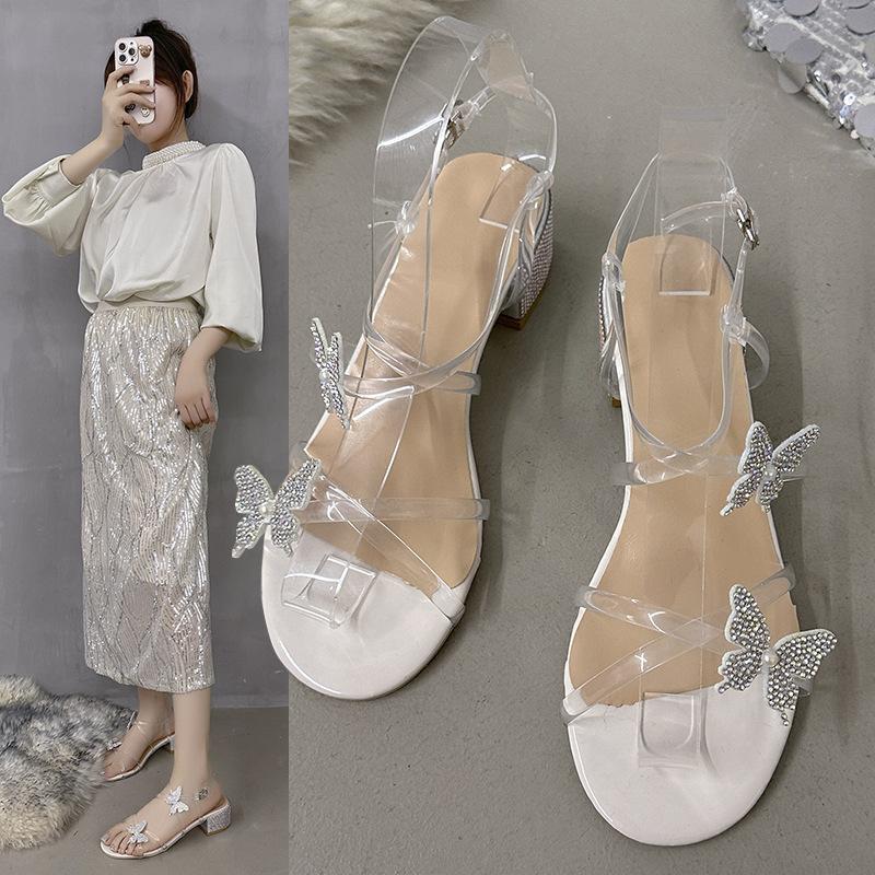 Туфли на высоком каблуке женские, лето 2025, новые, фея, ветер, стразы, бант, круглая головка, открытый носок, толстый каблук, универсальные сандалии женские