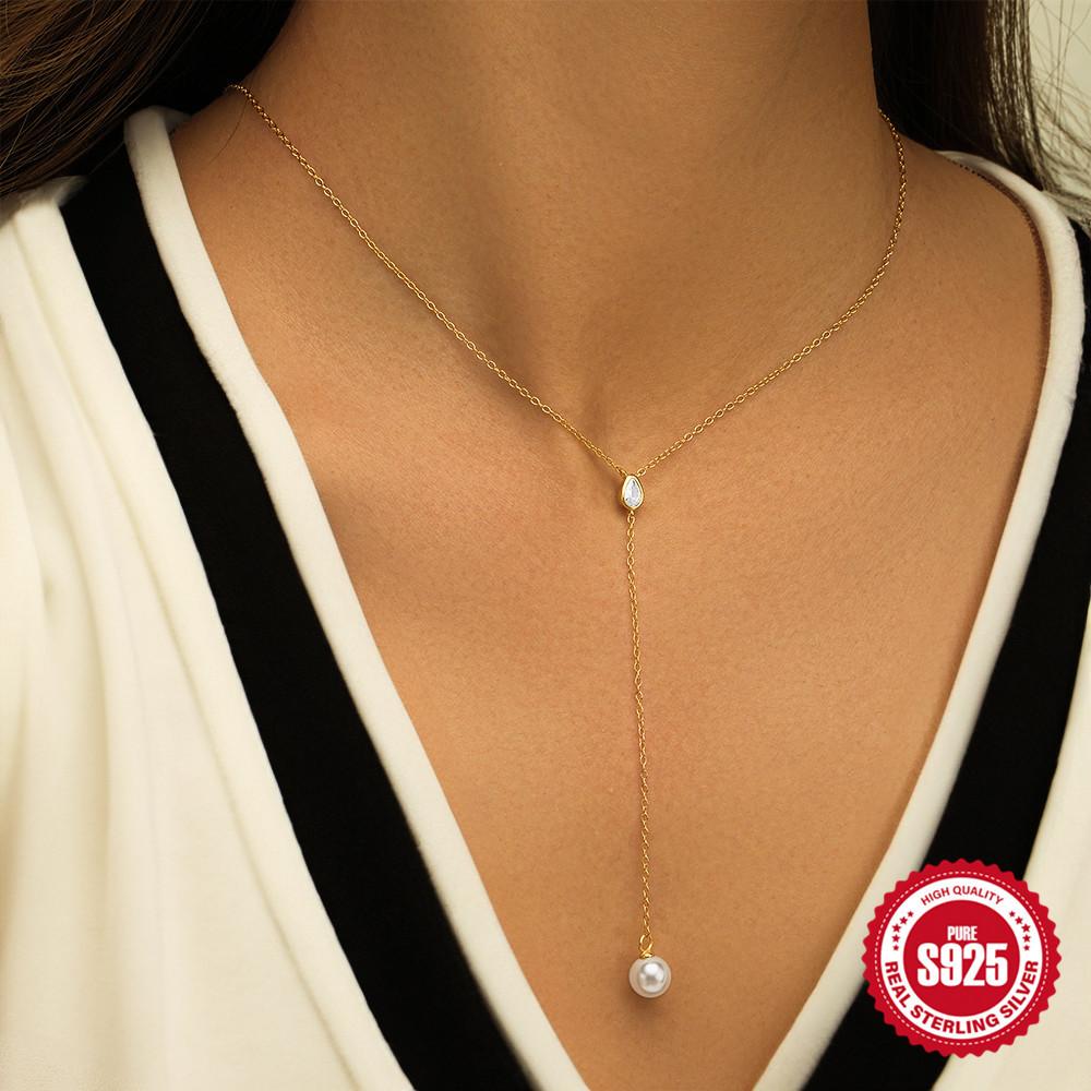 Стильное и простое женское ожерелье на ключицу из стерлингового серебра 925 пробы в форме буквы Y с бриллиантами и жемчугом