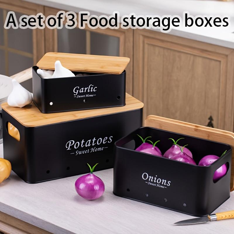 3 шт. герметичный металлический контейнер для хранения пищевых продуктов с деревянной крышкой-идеально подходит для лука, чеснока, имбиря, картофеля, томатов, кухонный органайзер