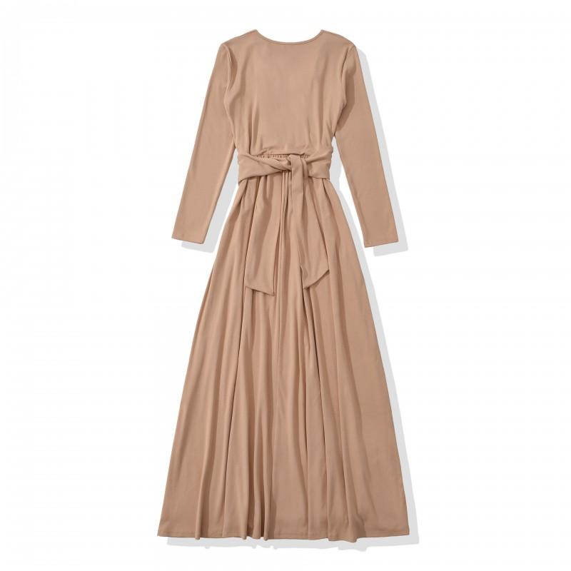 Womens Slim Fit A-Line Dress V-Neck Long Sleeve Solid Color Fall 2026 Casual Elegant Maxi