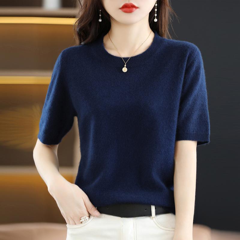 INDFS Women's Fashion Casual Summer Spring Solid Color Print Short Sleeve O-Neck Blouses & Shirts