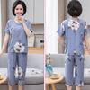 2 Pcs/Set Mid-aged Women Pajamas Set O Neck Flower Print Short Sleeve Elastic Waist Pleated Loose Thin Wide Leg Soft Sleepwear