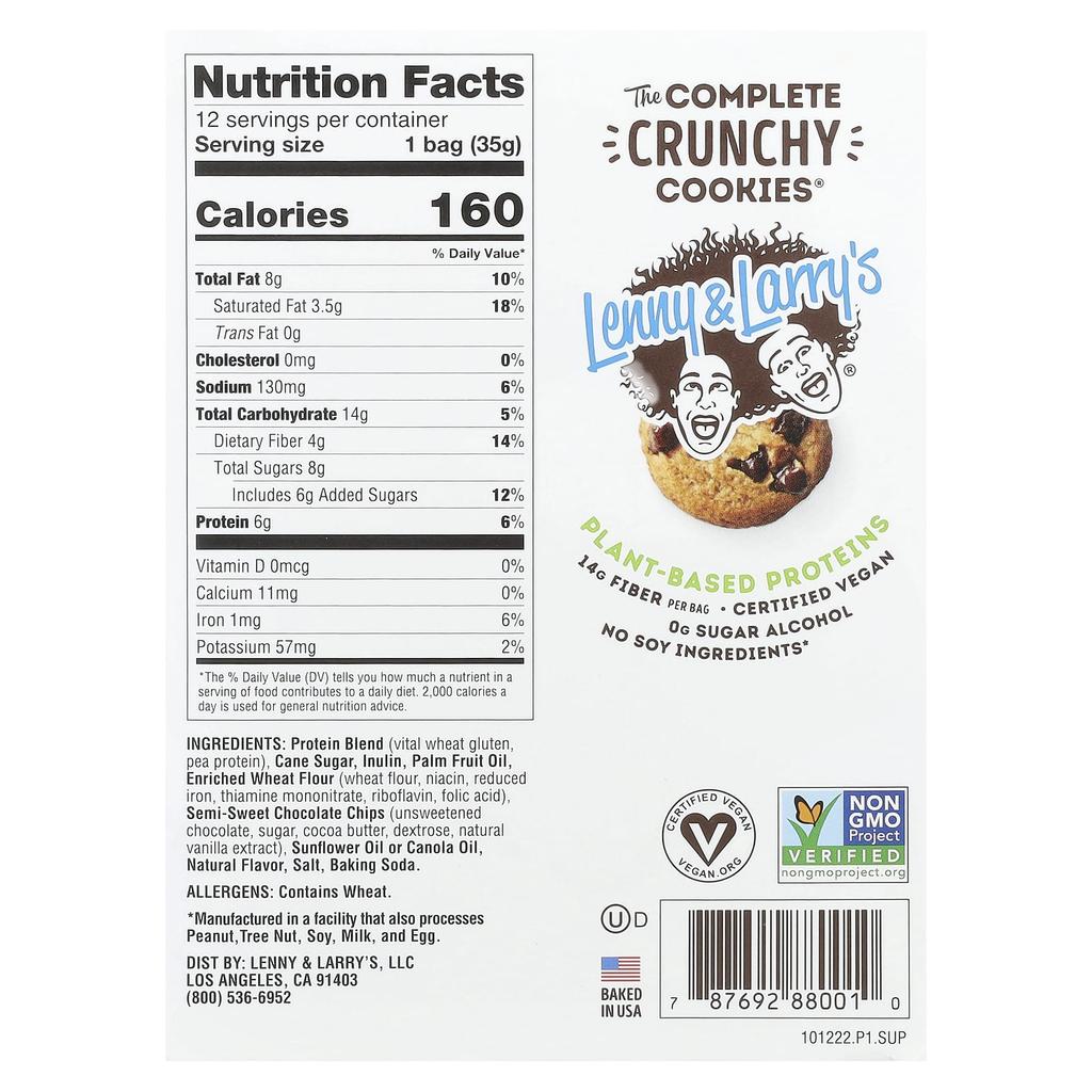 Lenny & Larry's The Complete Crunchy Cookies®, Chocolate Chip, 12 Count, 1.25 Oz (35 G) Each