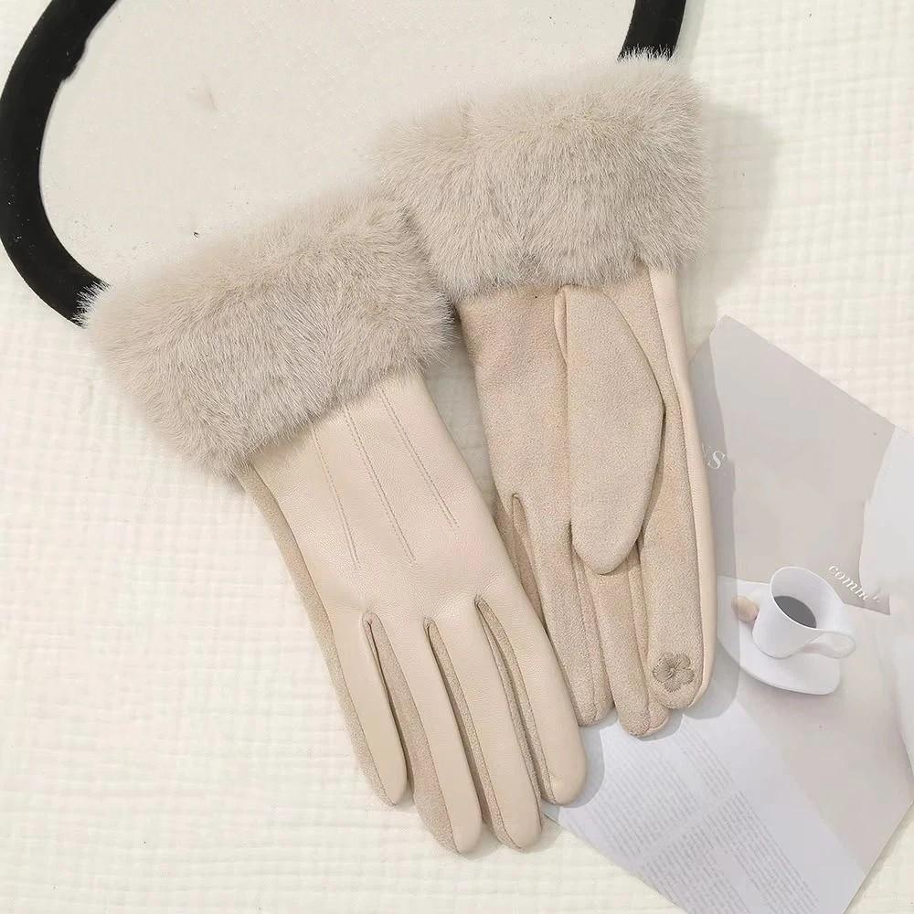 Утепленные женские кожаные перчатки с теплой подкладкой для велоспорта, теплые перчатки для вечеринок