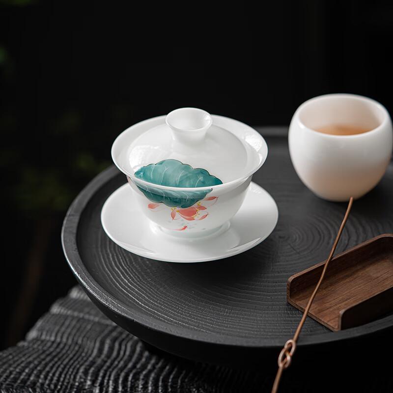 Hand-Painted White Porcelain Sancai Gaiwan Tea Bowl with Fish & Lotus