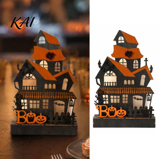 Halloween Night Light Ornaments Wooden Glowing Haunted House Figurine with LED Light, Tabletop Centerpiece Indoor Window Displays for Home Party