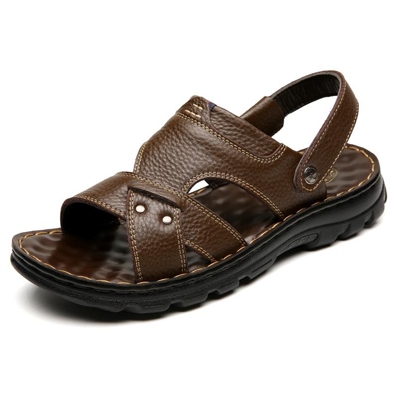 Мужские сандалии 2024 лето кожаные на мягкой подошве повседневные пляжные туфли для среднего и пожилого возраста нескользящие двойного назначения очень большого размера крутые шлепанцы