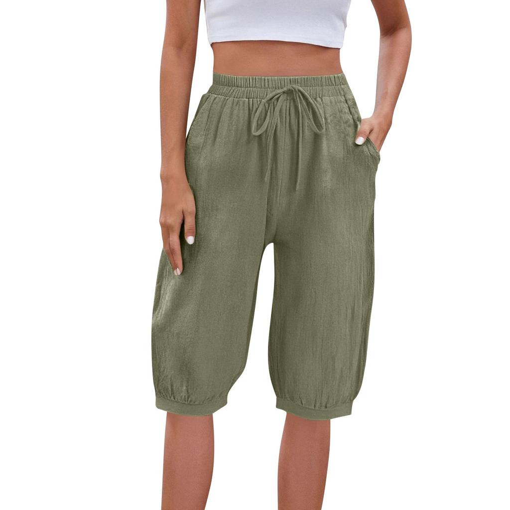 Женские модные однотонные повседневные брюки с завязками на талии и карманами длиной пять четвертей