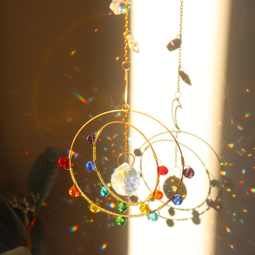Crystal Sun Moon Wind Chime Sunlight Catcher Colorful Beads Round Border Indoor Bedroom Baby Room Ornament Decor