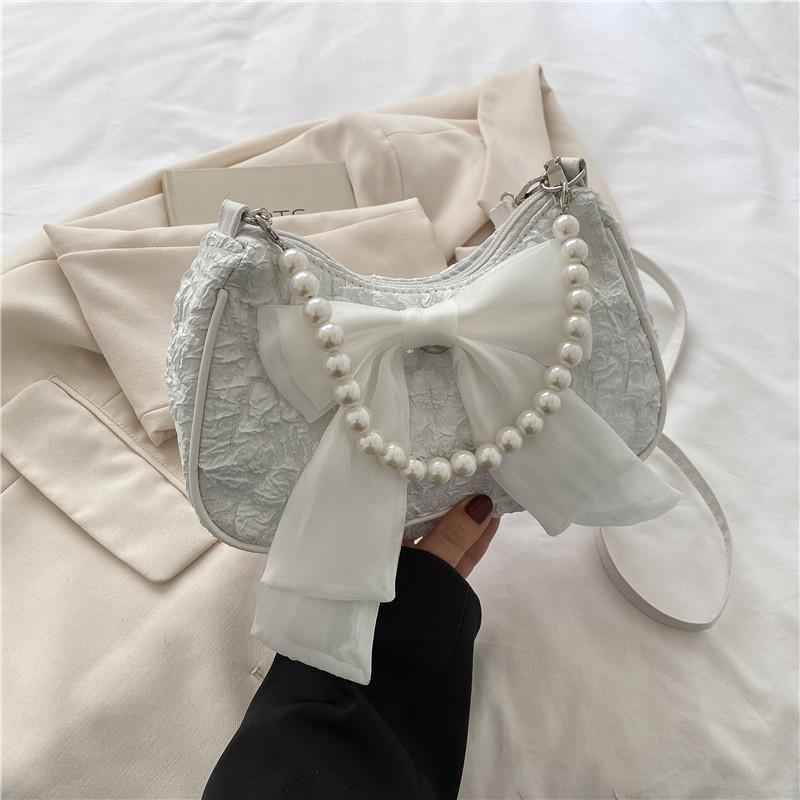 Женская модная сумка через плечо Лето 2026: Плиссированная жемчужная сумочка с милым бантом