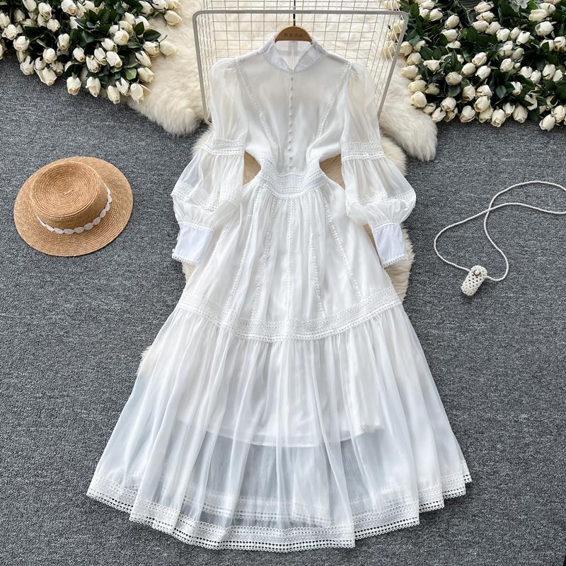 New Heavy Craft Lace Embroidery Hollow Out Party Evening Long Dress Women's Stand High Waist Lantern Sleeve Dresses Holiday