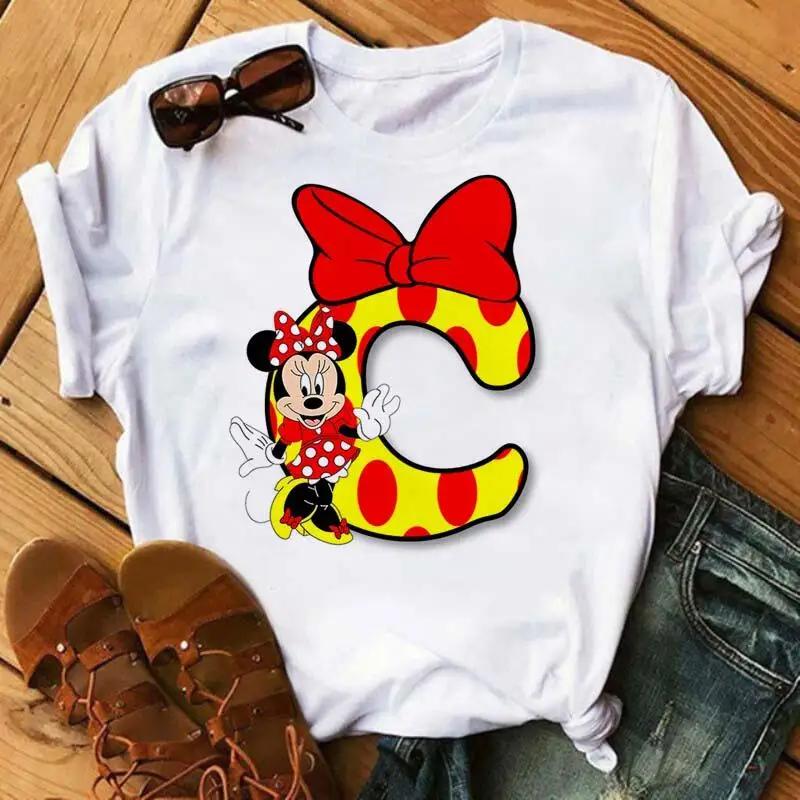 Kawaii Ladies Tees Disney Cartoon Mickey Mouse Letter Minnie T-shirt White Short-sleeved Women 90S Tops Summer Loose Blouse