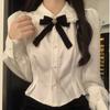 White Shirts Woman Kawaii Lace Lolita Blouses Sweet Tunics Fairycore Peter Pan Coller Crop Long Sleeve Tops Preppy Korean