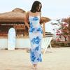 Женское летнее платье для отдыха в стиле отпуска с большим цветочным принтом и воротником-стойкой, открытой спиной и тонкими бретелями, цветочное платье