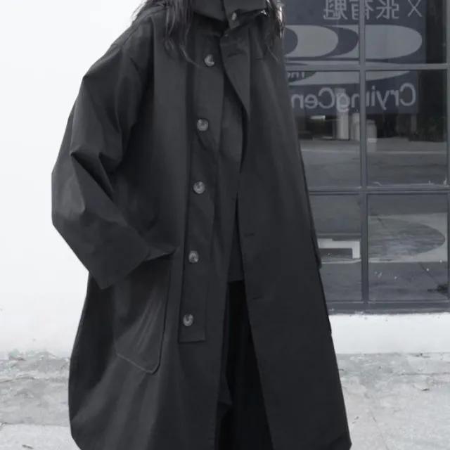 Spring Autumn Long Oversized Black Trench Coat with Hood Windbreaker Jacket Dark Design Sense for Women