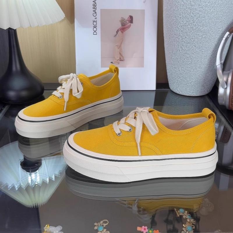 Корейские тонкие парусиновые туфли женские весна-лето 2025 года новые круглые на шнуровке универсальные нескользящие парусиновые туфли на толстой подошве повседневные парусиновые туфли